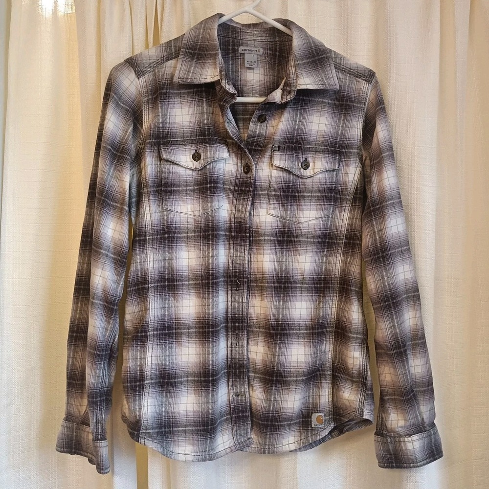 Carhartt Women's Gray/White Plaid Flannel Long Sleeve Button Up Size XS‎